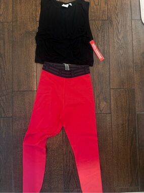 Good American Black Crop Top with Red Leggings Set